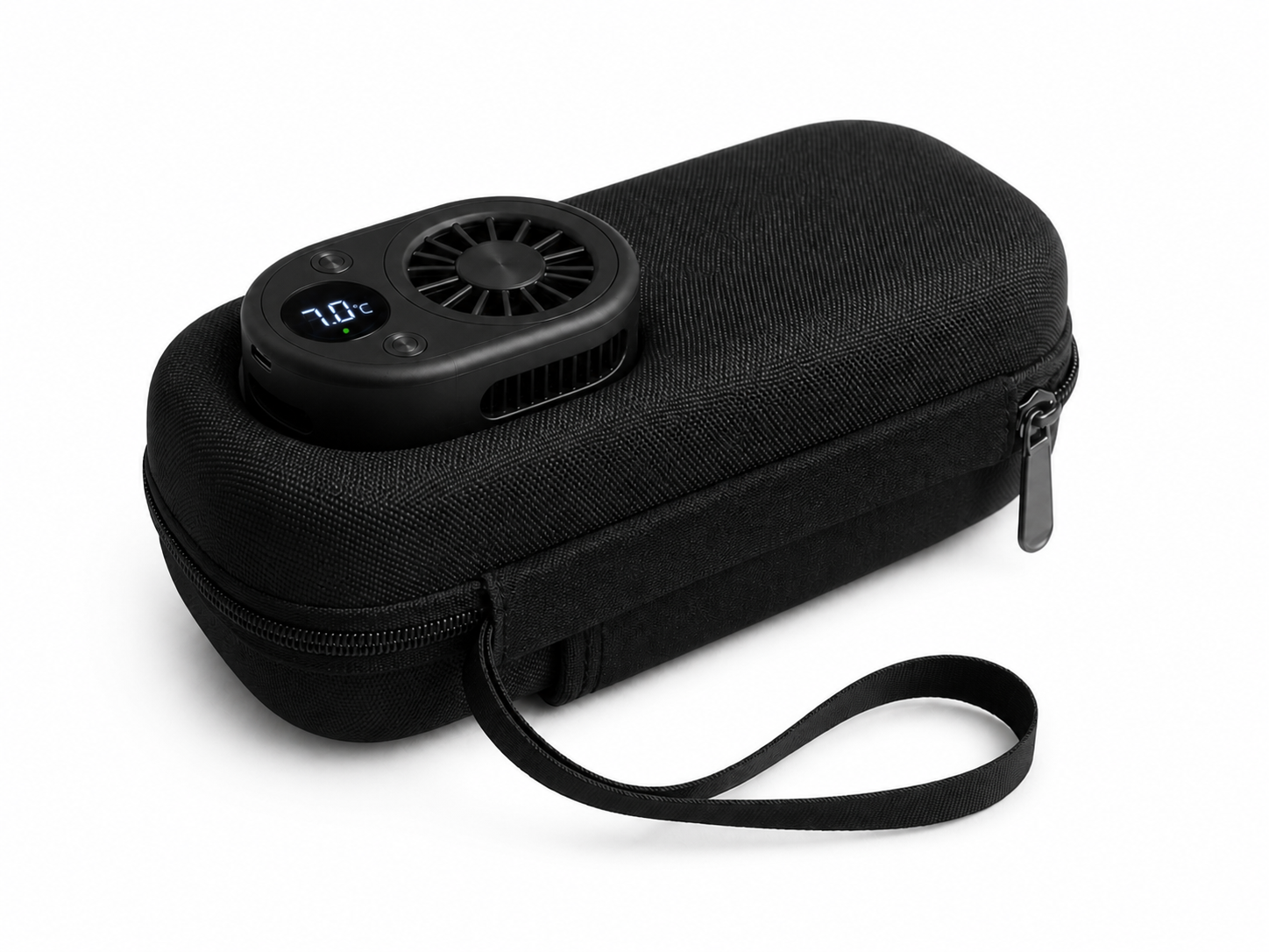 Black MyLog medication cooling case in a three-quarter view