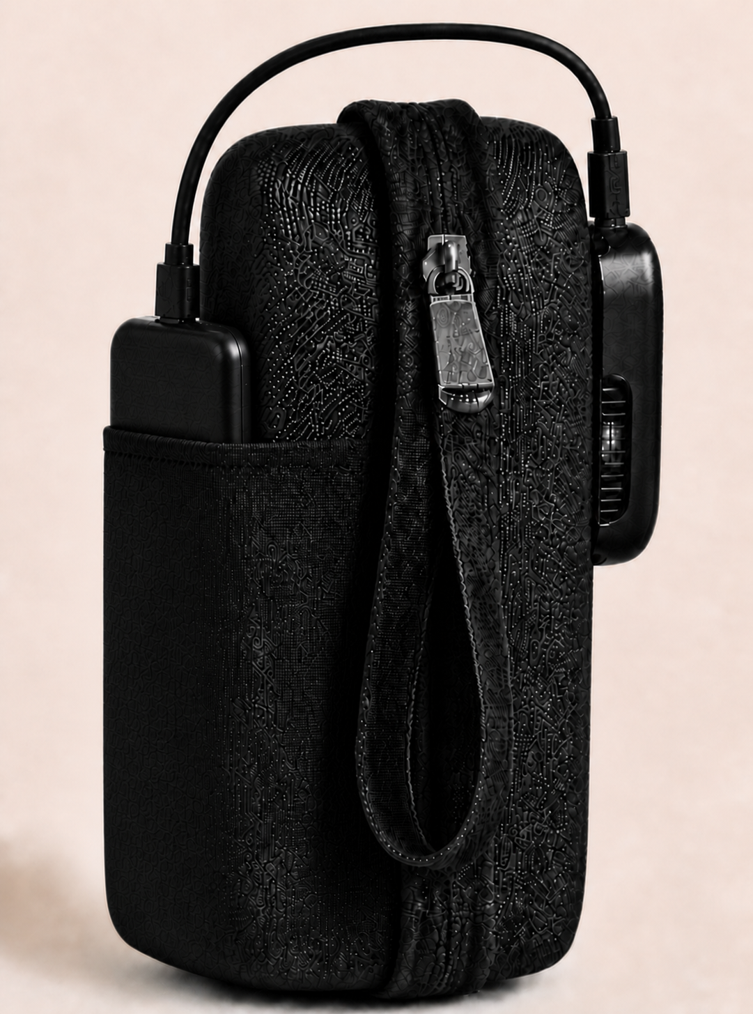 Slim portable power bank secured flush in MyLog's elastic rear pocket and connected to the cooling module