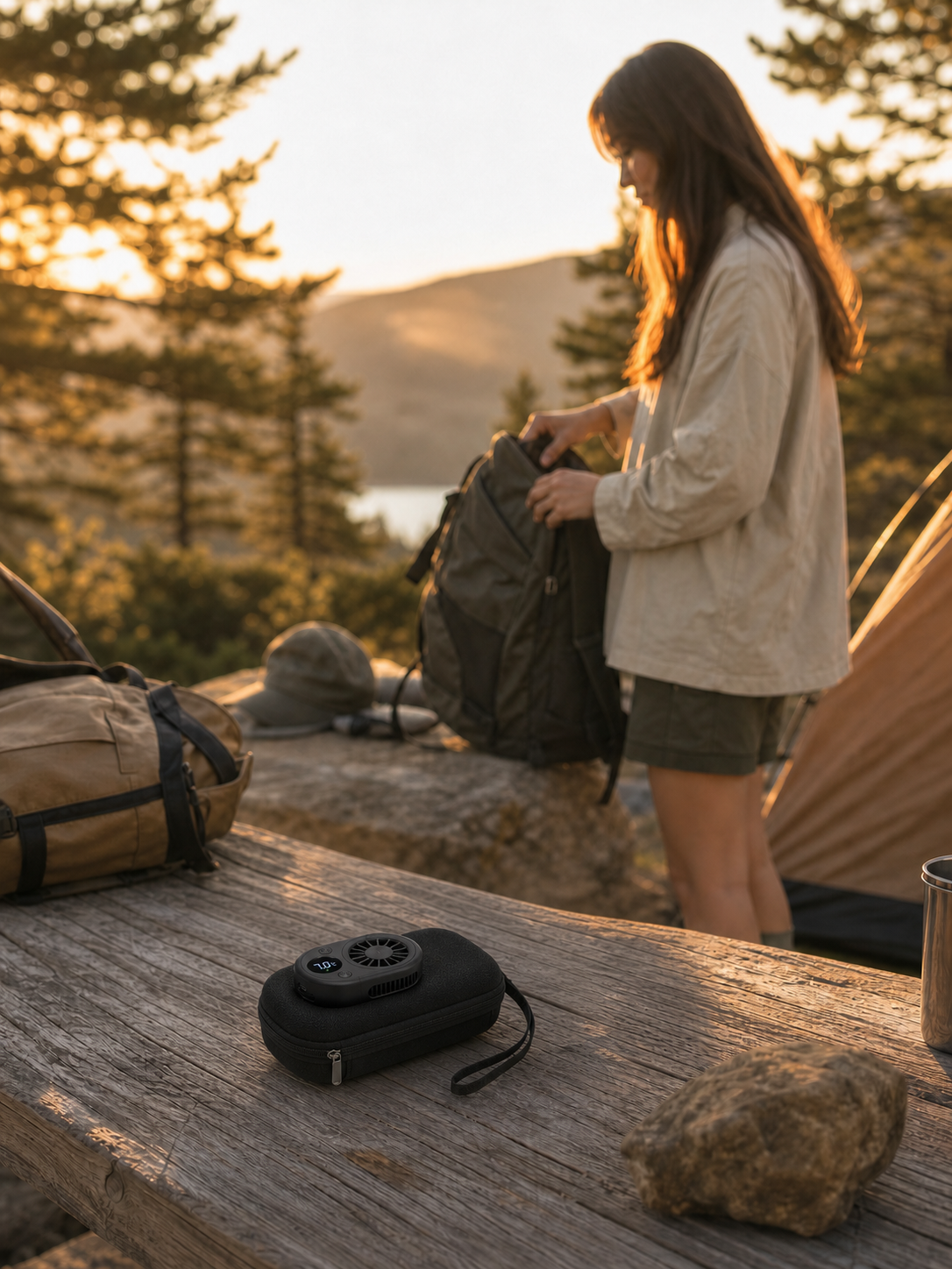 Traveler preparing for an outdoor trip with the black MyLog case on a campsite table